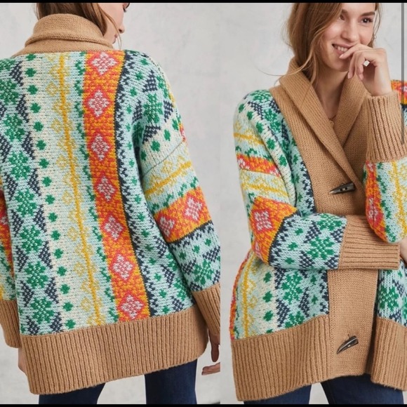 Anthropologie Carlotta Shawl Oversized Cardigan Fair Isle Sweater Sz M/L - Picture 4 of 8